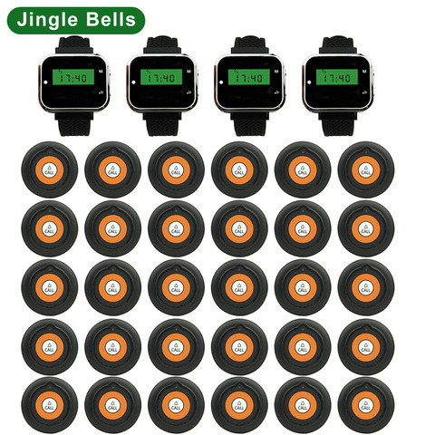 JINGLE BELLS Wireless Restaurant Calling Systems 30 Transmitters 4 Watch Pager Guest Waiter Call Buttons Table Buzzers ► Photo 1/6