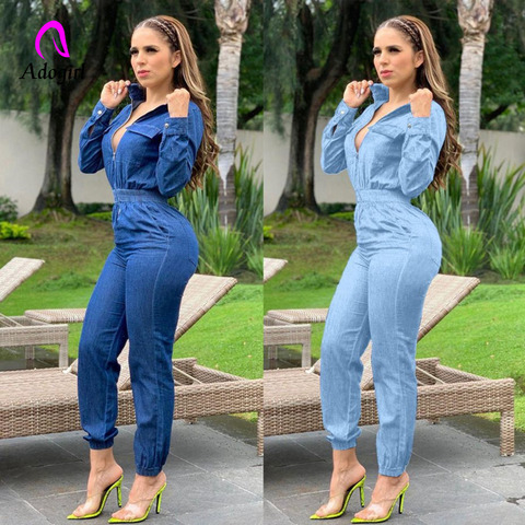 Denim Rompers Womens Zipper Fly Jumpsuit Autumn Winter One Piece Outfits Jeans Overalls Night Club Party Long Sleeve Jumpsuits ► Photo 1/6