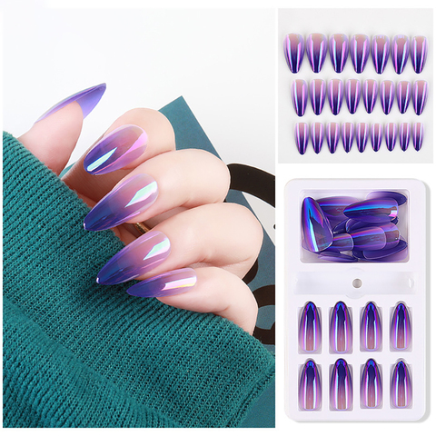 24 Pcs/Box False Nail Glitter Mirror Aurora Full Cover Nail Tips Coffin Fake Nails Gradient Nail DIY Decoration ► Photo 1/6