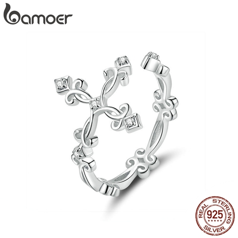 bamoer Retro Pattern Cross Adjustable Finger Ring for Women 925 Sterling Silver Vintage Flower Rings Silver Bijoux BSR041 ► Photo 1/6
