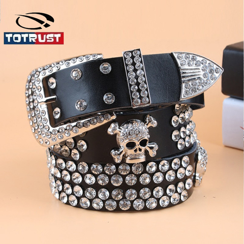TOTRUST Wide Buckle Belt For Women Woman Vintage Rhinestone Skull Belts Second Layer Cow Skin Top Quality Strap Female For Jeans ► Photo 1/6