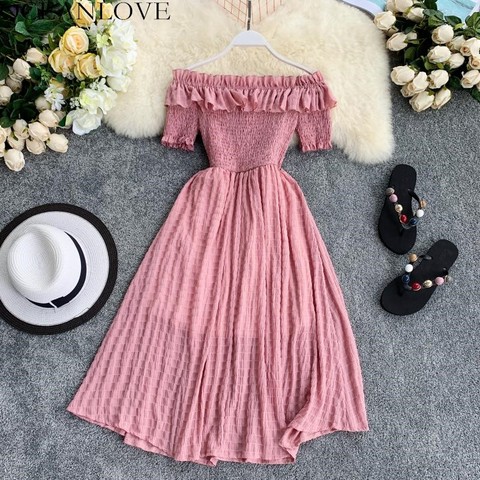 OCEANLOVE Women Summer Dresses Plaid Slash Neck Off Shouder Solid Vestidos 2022 Ruffles A-line High Waist Dress Robe Femme 11767 ► Photo 1/6