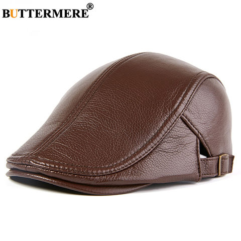 BUTTERMERE Men Beret Hat Real Leather Flat Cap Sheepskin Autumn Winter Male Brown Adjustable High Quality Gatsby Mens Beret Caps ► Photo 1/6