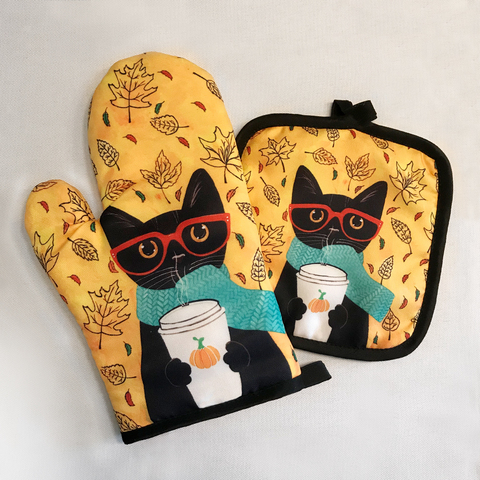 Cute Potholders Oven Mitts Microwave Baking Gloves Cat Pattern Insulation Gloves and Mat Polyester Kitchen Gloves for Cooking ► Photo 1/6