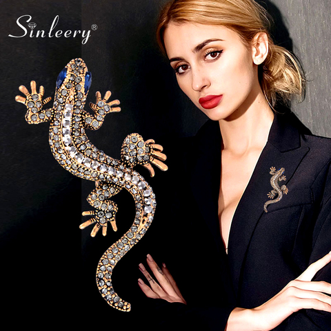 SINLEERY Unique Gecko Brooch Rose Antique Gold Silver Color Inlay Crystal Blue Zircon Eyes Brooches For Women Jewelry XZ122 SSC ► Photo 1/6