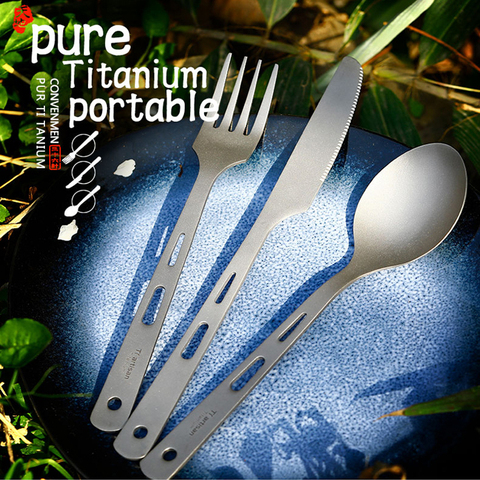 3pcs Ultralight Pure Titanium Spoon Fork Knife Set Outdoor Tableware for Camping Picnic Travelling Flatware Kitchen Tool Ta8106 ► Photo 1/6