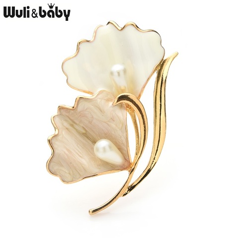 Wuli&baby Enamel White Leaves Brooches Women Men Pearl Flower Party Office Casual Brooch Pins Gifts ► Photo 1/3