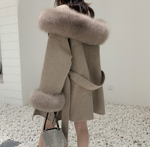 Luxury real Cashmere Blend Coat For Women 2022 Winter Warm Wool Hooded Cardigan jacket With Genuine Fox Fur Collar Droppshiping ► Photo 1/5