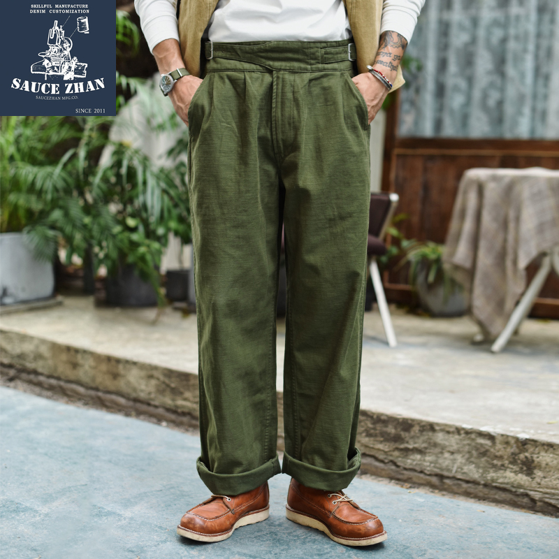 Men's Gurkha Pants Vintage Army Military Trouser Straight Khaki Olive Bottom New