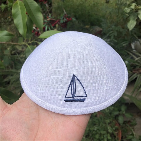 Customized, Personalized, White LINEN KIPOT, KIPPOT, KIPPAH CAPS, YARMULKES, CIPA, JEWISH CAPS for wedding ► Photo 1/3