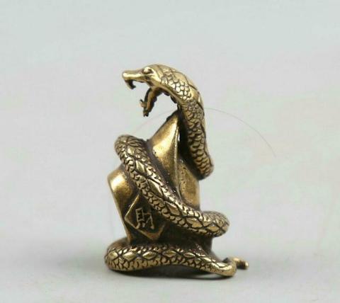 Curio Chinese Bronze Zodiac Animal Snake Wealth Money Yuanbao Small Statue ► Photo 1/5