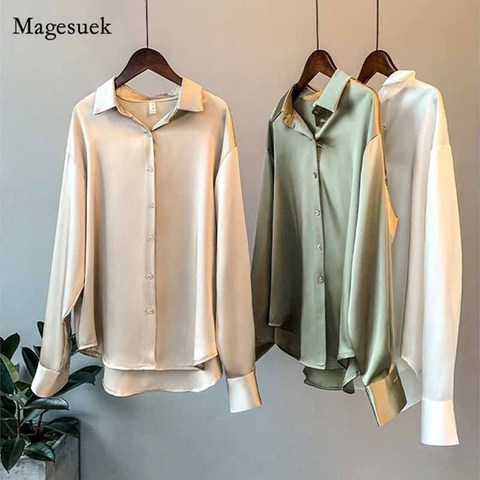 Women Vintage Fashion Button Up Satin Shirt Silk Korean Office Ladies Elegant Shirt Blouse White Long Sleeve Shirts Tops 11355 ► Photo 1/6