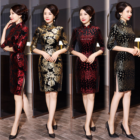 FZSLCYIYI  Evening Party Dress Chinese Style Women Velour  Qipao Improved Half Sleeve print Cheongsam Vestidos Oversize 5XL ► Photo 1/6