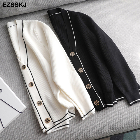 2022 white black solid Sweater cardigans jacket ladies new women thick sweater coat v-neck cardigan jacket coat outwear ► Photo 1/6