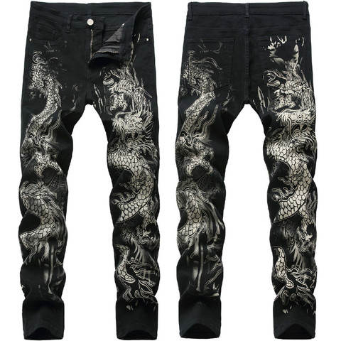 New men's Chinese trendy dragon black skinny jeans stretch comfortable fashion hip-hop men's pants Streetwear print trousers ► Photo 1/6