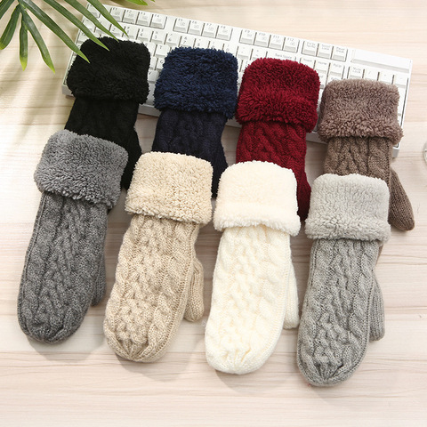 Women Fashion Knit Twist Flowers Mittens Winter Female Wool Plus Cashmere Velvet Thickening Warm Full Finger ► Photo 1/5