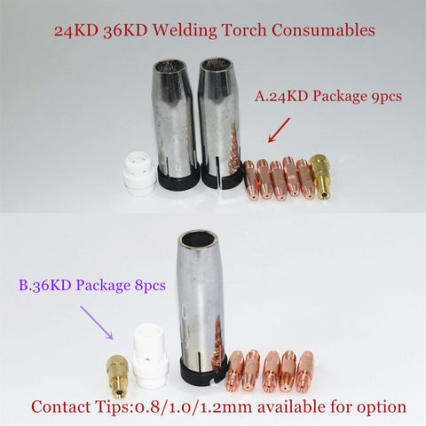 36KD Welding Torch Consumables 8pcs 0.8mm 1.0mm 1.2mm MIG Torch Gas Nozzle Tip Holder Gas Diffuser for MIG MAG Welding Machine ► Photo 1/6