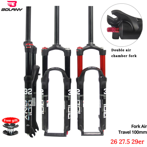 BOLANY MTB Bike Fork Dual Air Red Bicycle Front Suspension Straight Tube 26/27.5/29inch Magnesium Alloy Quick Release ► Photo 1/6