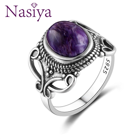 Nasiya 2022 Bohemia Style 8x10MM Oval Purple Charoite Rings For Women 925 Silver Ring Fine Jewelry For Anniversary Party Gift ► Photo 1/6