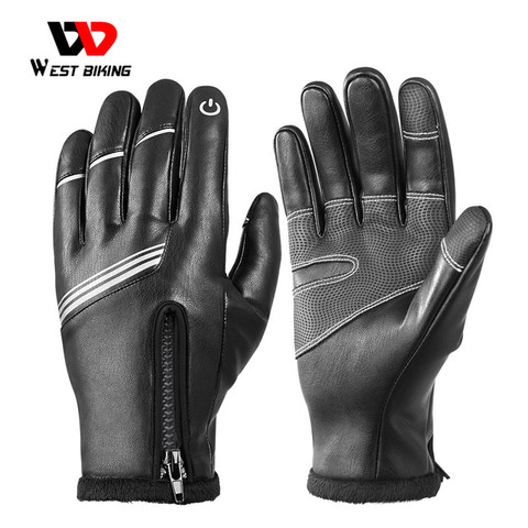 WEST BIKING Winter Cycling Gloves PU Leather Thermal Fleece Touch Screen Outdoor Sport Skiing Climbing Motorcycle Bicycle Gloves ► Photo 1/6