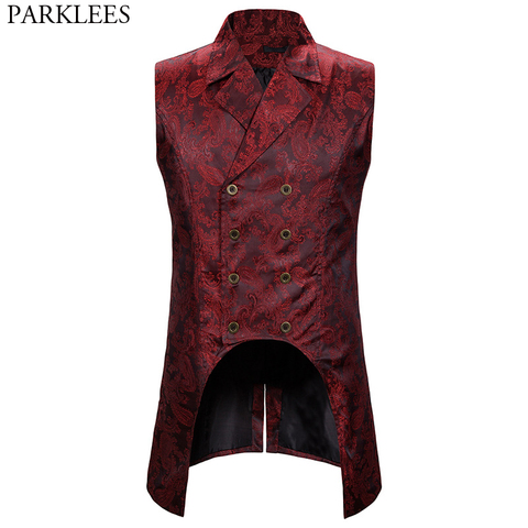 Wine Red Paisley Jacquard Long Vest Men Double Breasted Lapel Brocade Vest Waistcoat Mens Gothic Steampunk Sleeveless Tailcoat ► Photo 1/6