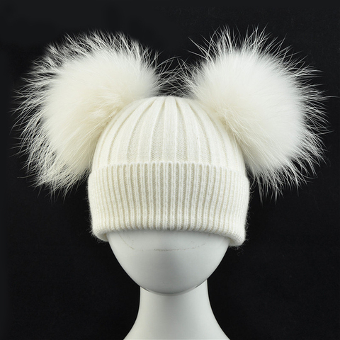 Baby Winter Hats Child Warm Crochet Beanie Kids Warm Girls Boys Lovely Wool Hat Real Raccoon Fur Two Pom Pom Cap ► Photo 1/6