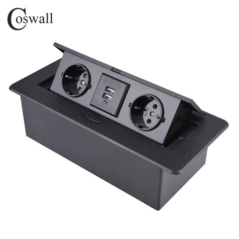 COSWALL Zinc Alloy Faceplate Soft POP-UP 2 EU Power Socket Dual USB Charge Port Office Table Outlet Matte Black / Silver Cover ► Photo 1/5
