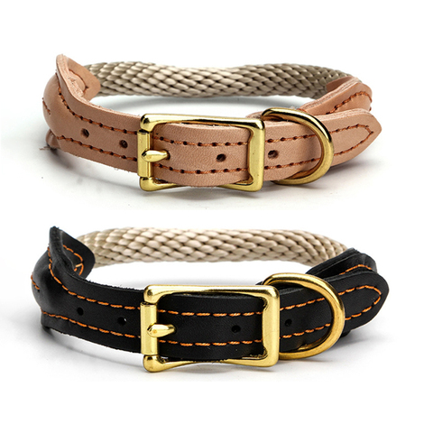 Real Leather Dog Collar Hemp rope pet Collars Copper buckle Dog Neck Collar for small Medium Large big Dogs adjustable ► Photo 1/6