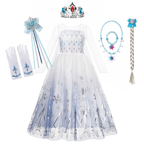 Snow Queen 2 Halloween Party Costume for Girls White Elsa Long Dress Princess Pretend Frocks Long Sleeve Snowflake Print Vestido ► Photo 1/6