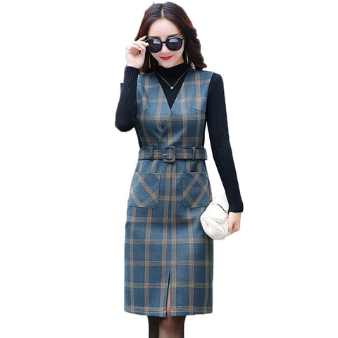 Elegant Office Ladies Plaid Dress Suit Autumn Pullover Sweater And Belt Woolen Dress Two Piece Set Women Strap Dress Set Y547 ► Photo 1/6