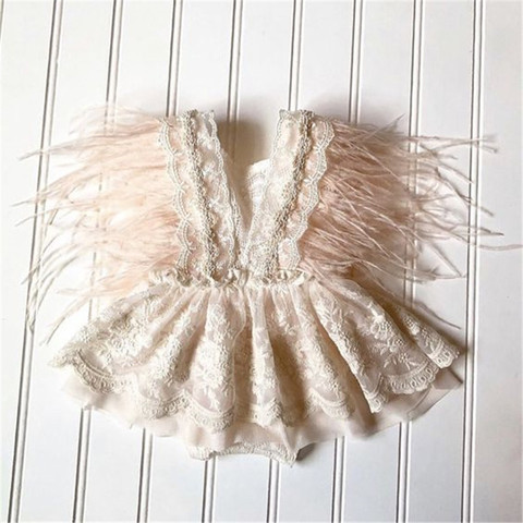 Princess Infant Baby Girls Lace Embroidery Romper Dress Sweet Baby Feathers Fly Sleeve Backless White Jumpsuit Summer Romper ► Photo 1/6