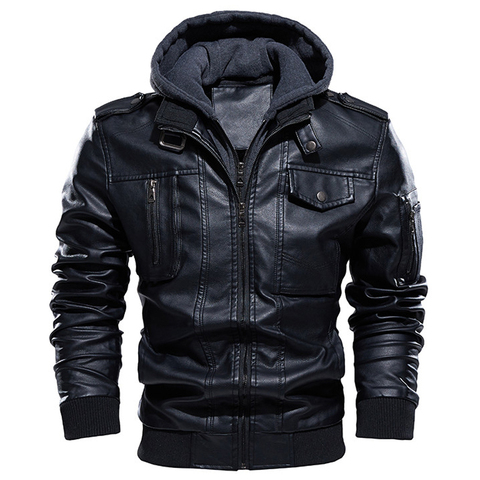 Motorcycle Jacket Men Casual PU Leather Jackets Man Winter Thick Warm Vintage Hooded Collar Club Bomber Leather Coats chaqueta ► Photo 1/6