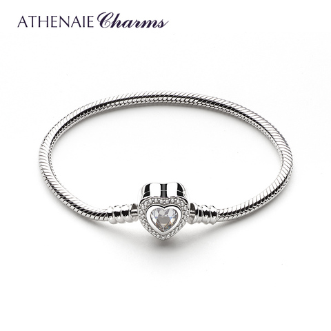 ATHENAIE Authentic 100%  925 Sterling Silver Snake Chain Bangle & Bracelet with CZ Love Heart Clasp Charms Bracelets for Women ► Photo 1/6