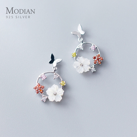 Modian Fashion Butterfly Round Enamel Flower Drop Earrings Charm 925 Sterling Silver Luxury Dangle Ear For Women Wedding Jewelry ► Photo 1/5