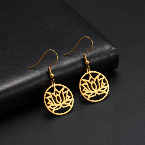 Skyrim 2022 New Classic Lotus Dangle Earrings Stainless Steel Bohemian Flower Round Drop Earring Jewelry Gift for Women Girls ► Photo 1/6