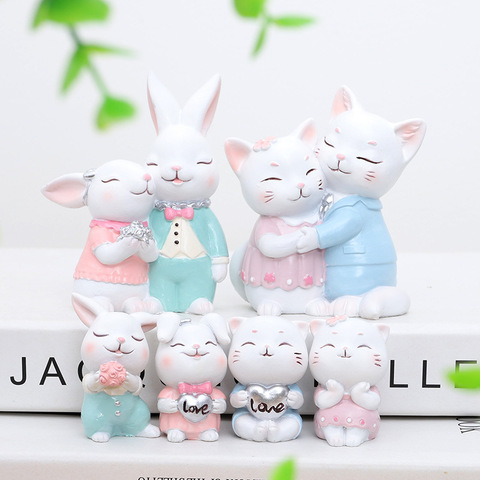 Set of 6 Sweet Family Figurines Rabbit Cat Couple Bunny Kitten Ornament Cake Topper Home Party Dessert Decoration ► Photo 1/6