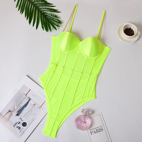 Neon Green Mesh Transparent BodySuit Sexy Women's Backless Striped Sleeveless Overalls Party Fashion Spaghelti Strap Rompers New ► Photo 1/6