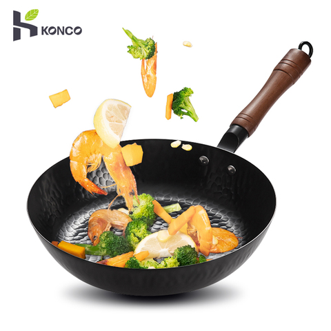 Konco Non-coated Chinese Cast Iron Wok Non-stick Pan Smokeless Fried Pan Cook Pots Kitchen Cookware Chef Pan Cooking Tools ► Photo 1/6