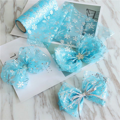 5Yards Sky Blue Bronzing Snowflakes Mesh Fabric Handmade Princess Hair Bow Supplies Hair Accessories DIY Craft Applique 7cm 13cm ► Photo 1/6