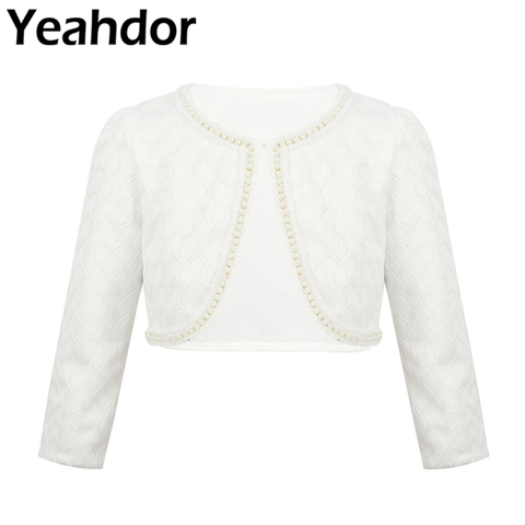 White Kids Girls Long Sleeve Lace Beaded One Button Closure Bolero Shrug Cardigan Top Short Jacket for Pageant Wedding Party ► Photo 1/6