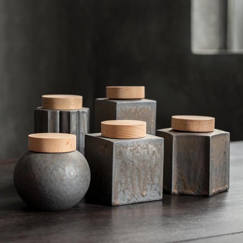 Tea Caddies Creative Tea Storage Jar Ceramic Geometric Seal Caddy with Wood Cover Container Tea Ceremony Teaware Accessories ► Photo 1/6