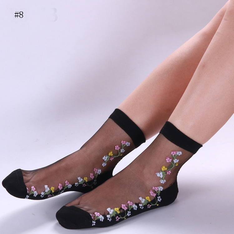 Women lace short socks fashion summer crystal glass silk thin transparent roses 