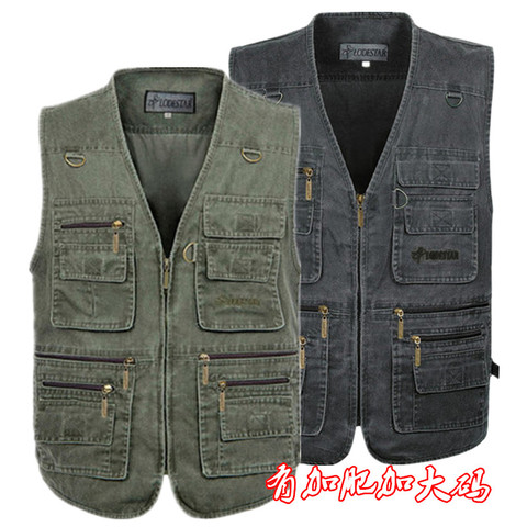 Plus Size 6XL 7XL Male Casual Summer Cotton Denim Vest Men's Sleeveless Jacket Multi Pocket Photograph Waistcoat chaleco hombre ► Photo 1/6