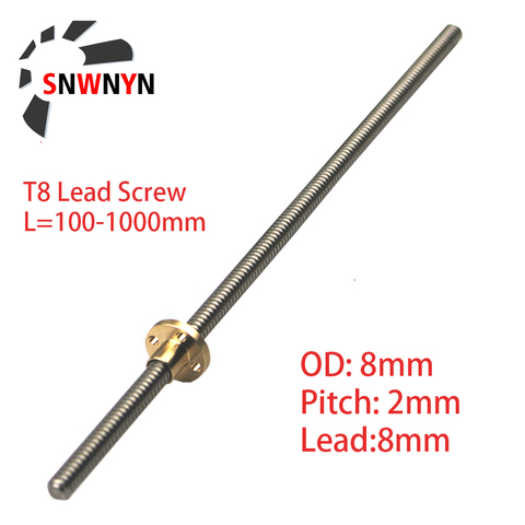 T8 Lead Screw Lead 8mm Pitch 2mm OD 8mm 100mm 200mm 300mm 350mm 400mm 500mm 600mm 1000mm With Brass Nut For Reprap 3D Printer ► Photo 1/6