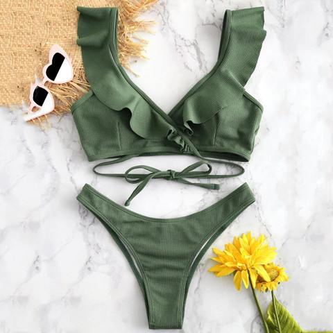 Women Bikini Set Ruffled Bandage Cross Padded Halter Swimwear High Waist Bikini 2022 bathing suit women Swimsuit Beachwear ► Photo 1/6