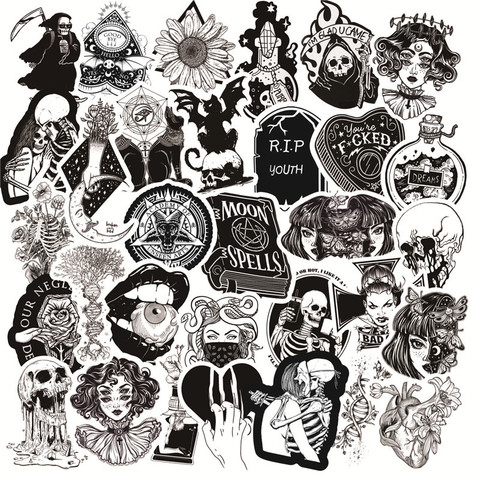 50pcs/Pack Black White Gothic Horror Punk Rock Graffiti Stickers Car Motorcycle Luggage Guitar Skateboard Toy Vsco Decal Sticker ► Photo 1/6