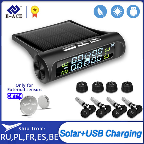 E-ACE Solar Power TPMS Car Tire Pressure Alarm Monitor System Auto Security Pressure Digital LCD Display Temperature Warning ► Photo 1/6