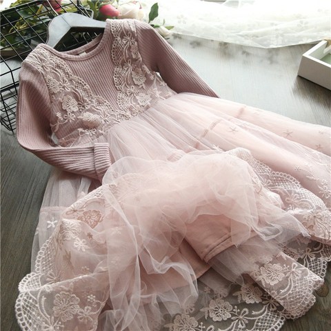 Girls Winter Autumn Dress Warm Lace Tutu Flower Party Dress Kids Mesh Long Sleeve Holiday Casual Clothing Birthday Vestidos 3-8T ► Photo 1/6