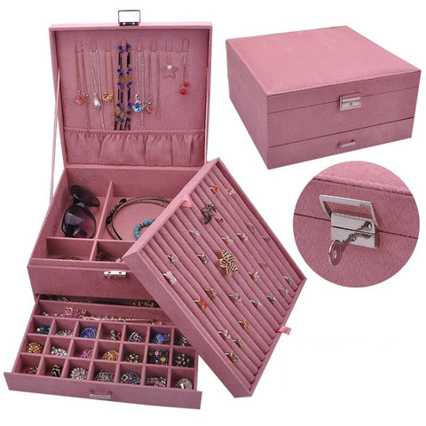 New Style Luxury Jewelry Boxes 3 Layers With Lock Large Space Organizer For Ring And Necklace Velvet Jewelry Holder 4 Color ► Photo 1/6
