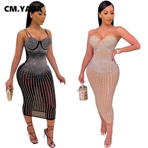 CM.YAYA Mesh See Though Hot Rhinestones Plunging V-neck Midi Bodycon Dress for Women Sexy Club Party Dresses Pencil Vestidos ► Photo 1/6